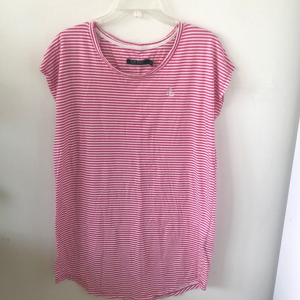 Lauren Ralph Lauren Pink And White Stripe Tee Shirt Dress‎ Sz M - EUC